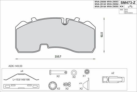 Колодки гальмівні 29095 KNORR SB/SN6, SB3745=>04.2003
